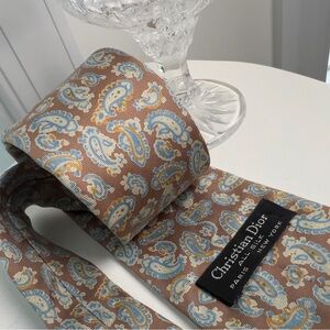Christian Dior Milk Chocolate Brown Tan and Baby Blue Paisley Men's All Silk Tie